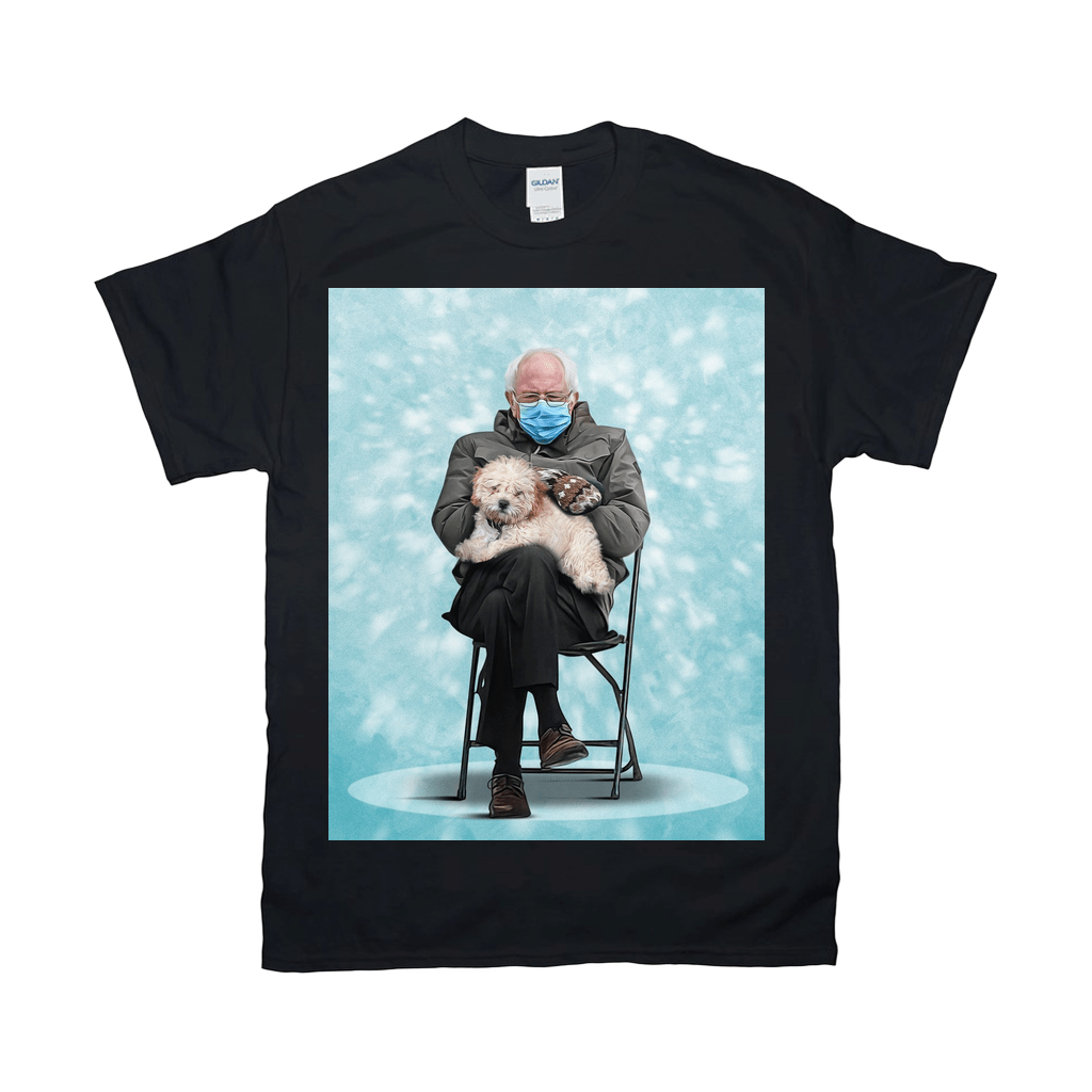 Black Gildan t-shirt with a personalized design of Bernie Sanders in a mask holding a white dog and a cat.