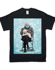 Black Gildan t-shirt with a personalized design of Bernie Sanders in a mask holding a white dog and a cat.