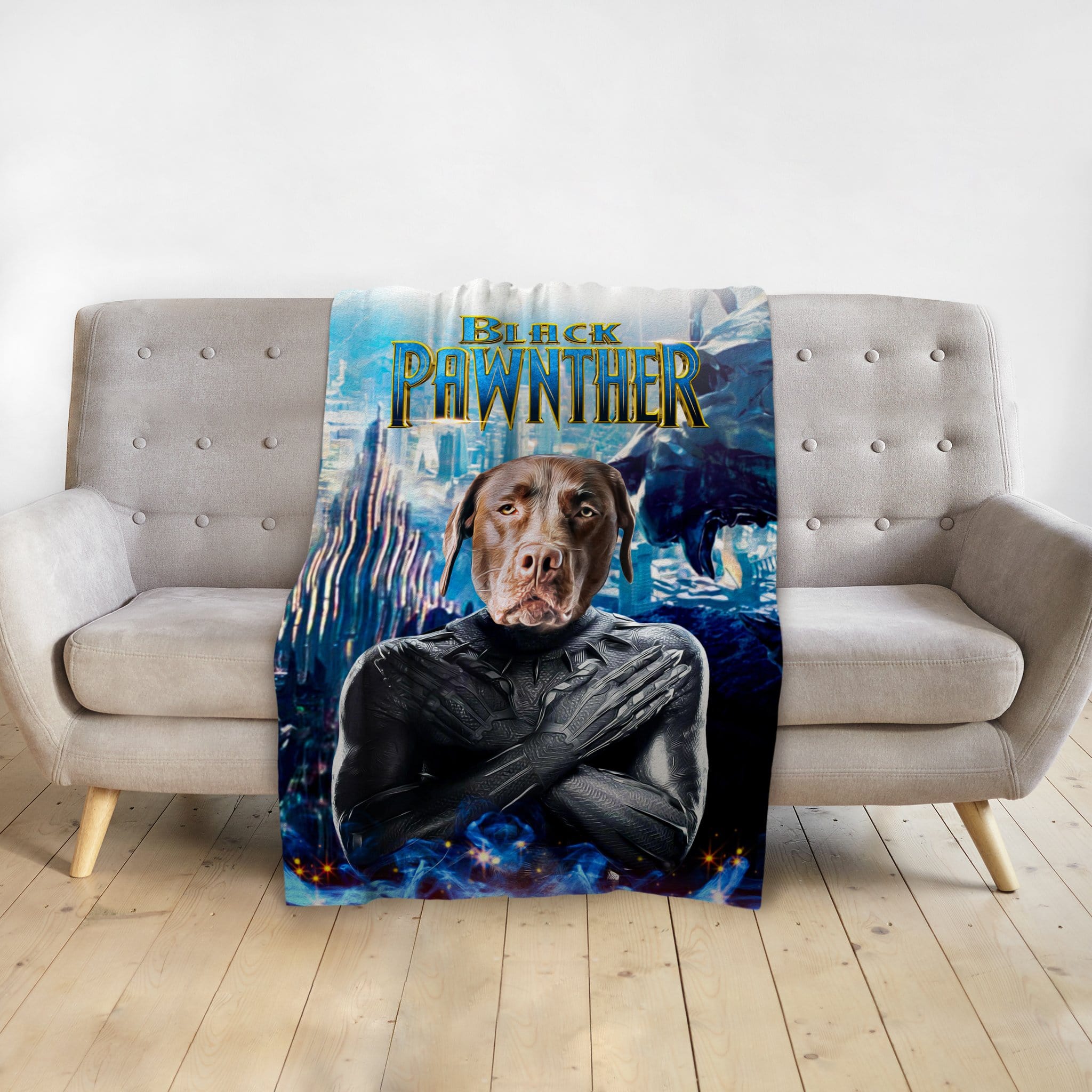 Personalized pet blanket with a chocolate lab dog in a Black Panther-style superhero portrait.