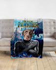 Personalized pet blanket with a chocolate lab dog in a Black Panther-style superhero portrait.