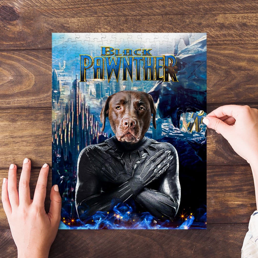 Custom Black Pawnther pet portrait puzzle featuring a chocolate lab.