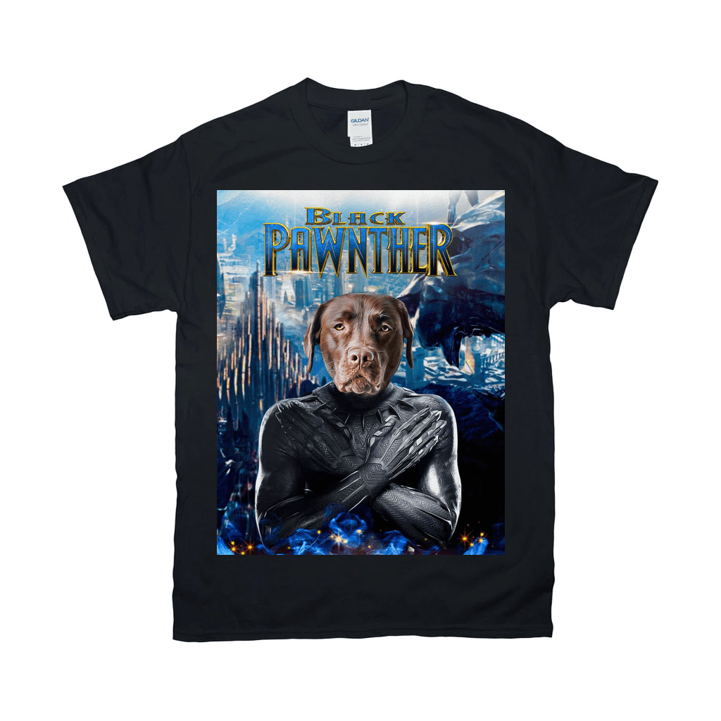 Black Gildan t-shirt featuring a brown dog's head on a Black Panther body with "Black Pawnther" text.
