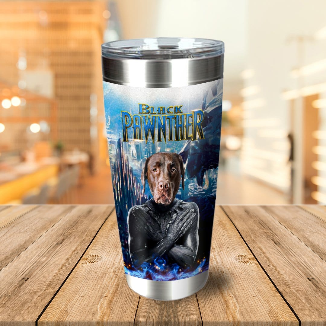 Personalized stainless steel tumbler with a custom dog portrait in a "Black Pawnther" superhero style.