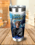 Personalized stainless steel tumbler with a custom dog portrait in a "Black Pawnther" superhero style.