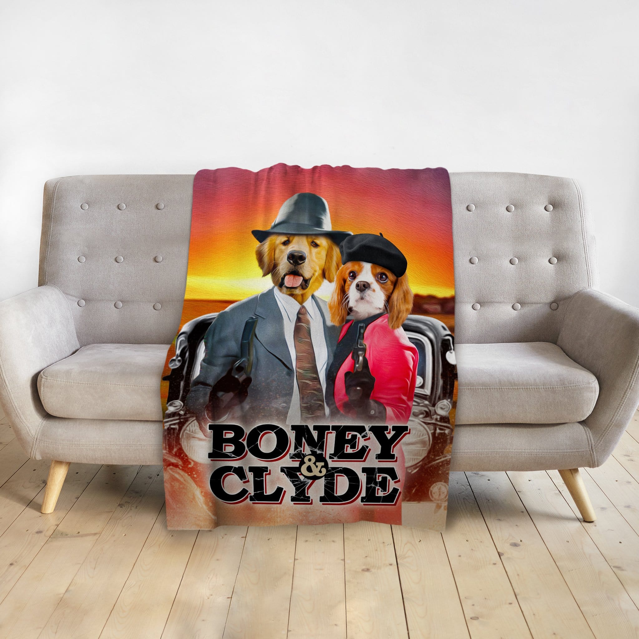 Personalized 2-pet minky blanket featuring a golden retriever and cavalier king charles spaniel in "Boney & Clyde" renaissance portraits.