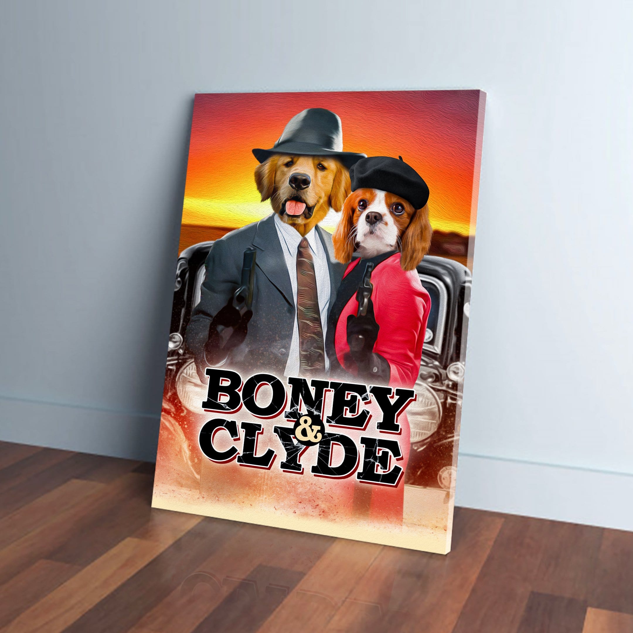 Personalized 'Boney & Clyde' pet canvas featuring a golden retriever and Cavalier King Charles Spaniel.