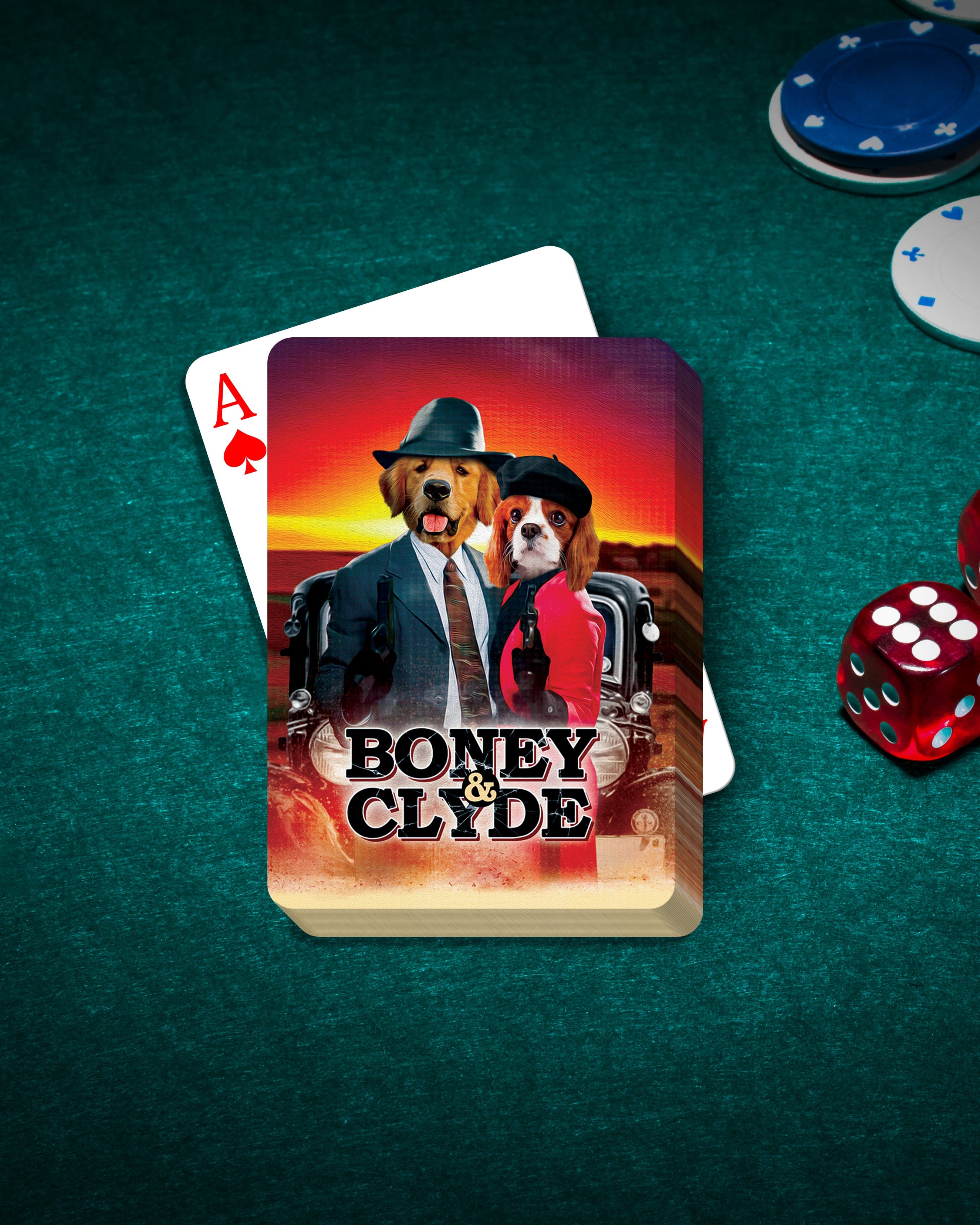 Personalized 'Boney and Clyde' playing cards featuring two dogs in suits, on a green felt table with chips and dice.