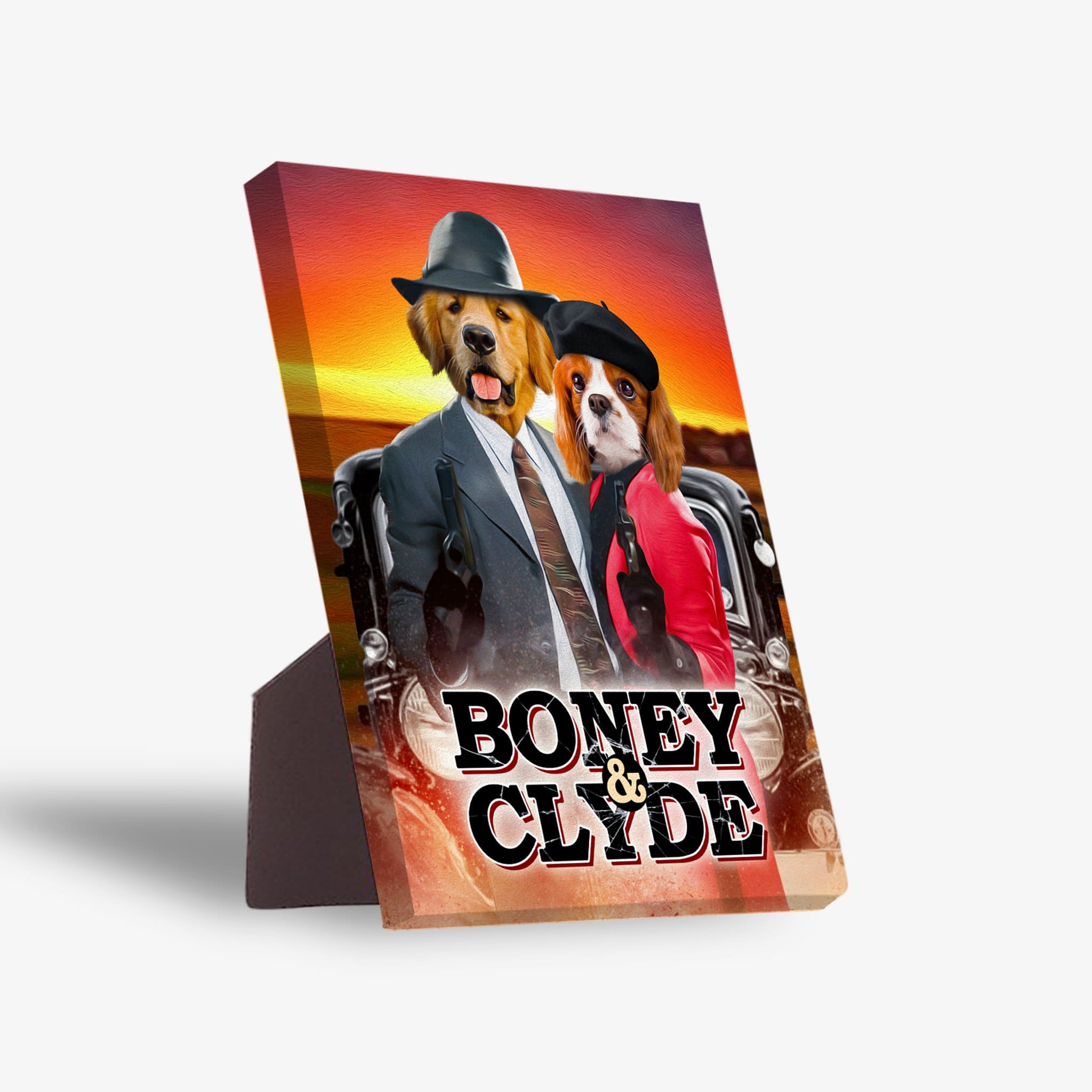 Personalized 'Boney and Clyde' standing canvas featuring two pets dressed in gangster attire with a vintage car.