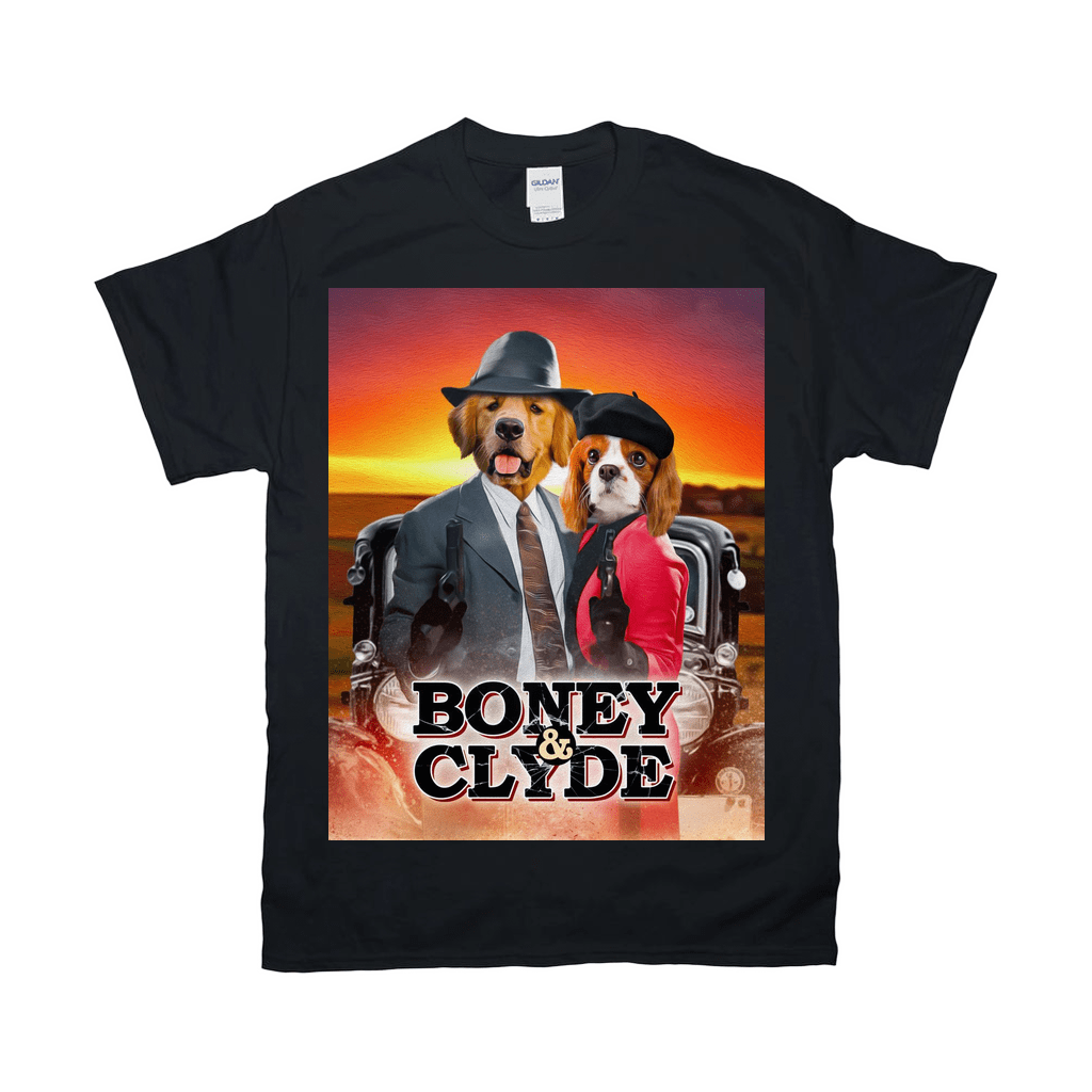 Black Gildan t-shirt with a "Boney & Clyde" design featuring two dogs dressed as gangsters.