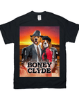 Black Gildan t-shirt with a "Boney & Clyde" design featuring two dogs dressed as gangsters.