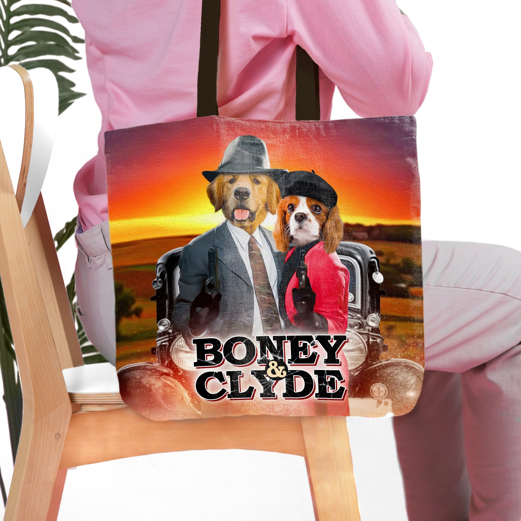 Personalized 2 pet tote bag featuring a Golden Retriever and Cavalier King Charles Spaniel in "Boney & Clyde" style.