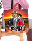 Personalized 2 pet tote bag featuring a Golden Retriever and Cavalier King Charles Spaniel in "Boney & Clyde" style.