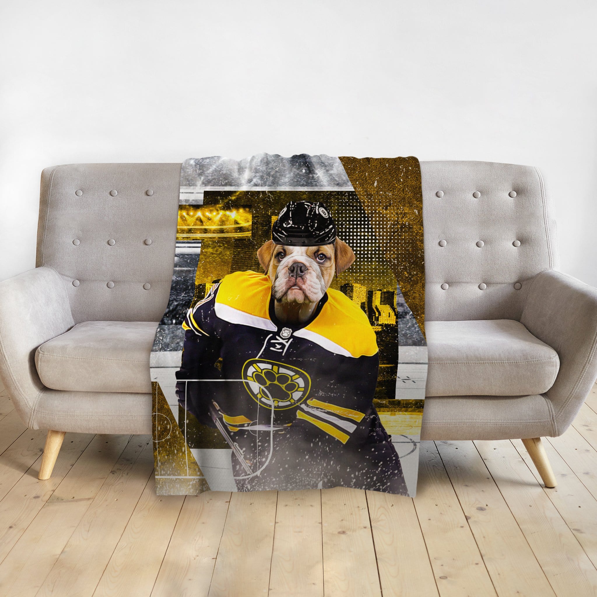 Personalized pet blanket with a bulldog in a Boston Bruins hockey uniform portrait.