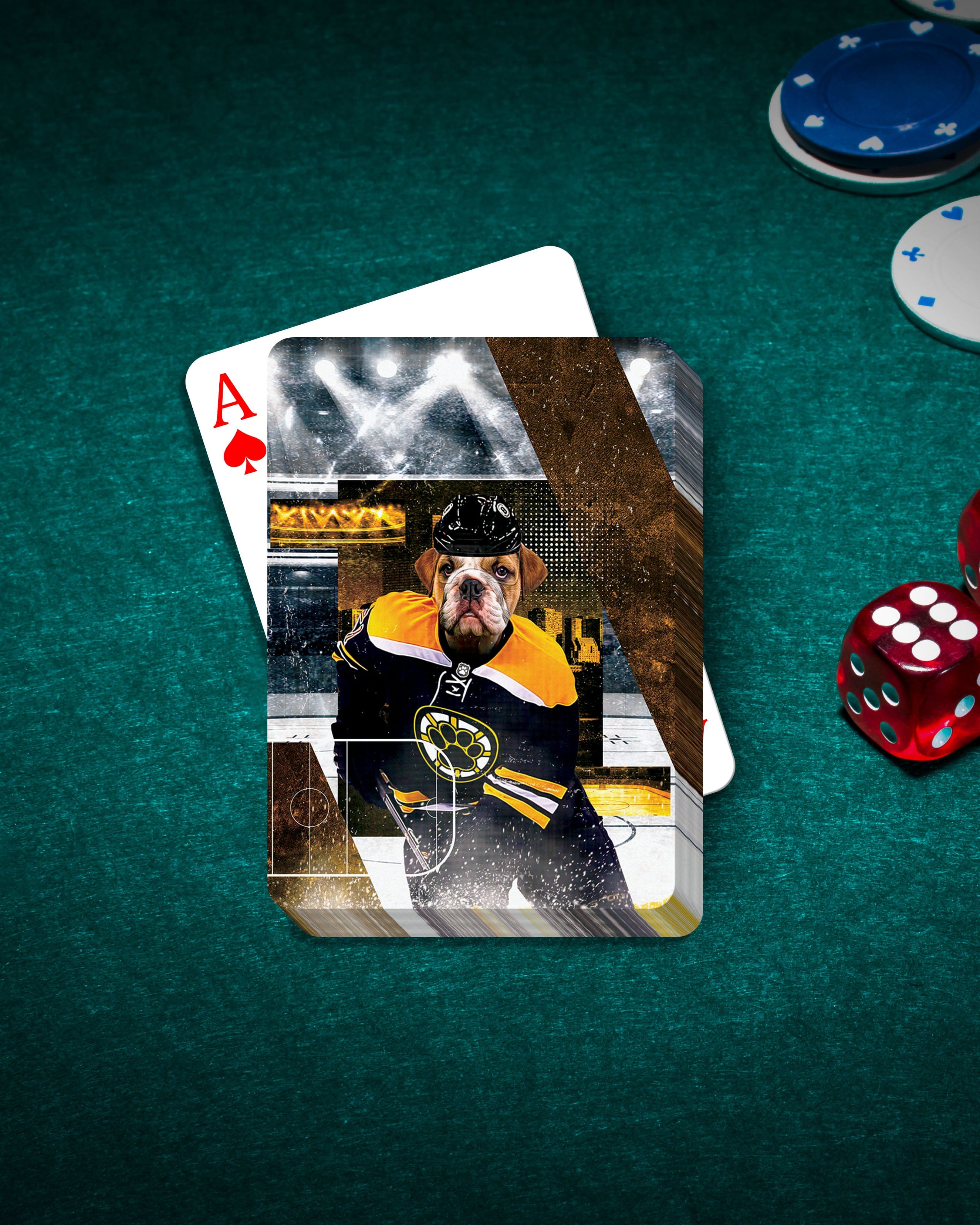 Personalized playing card featuring a bulldog in a Boston Bruins hockey uniform on a green felt table.