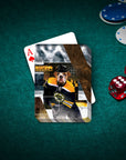 Personalized playing card featuring a bulldog in a Boston Bruins hockey uniform on a green felt table.