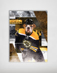Personalized pet poster featuring a bulldog in a black and gold hockey jersey with a paw print logo.