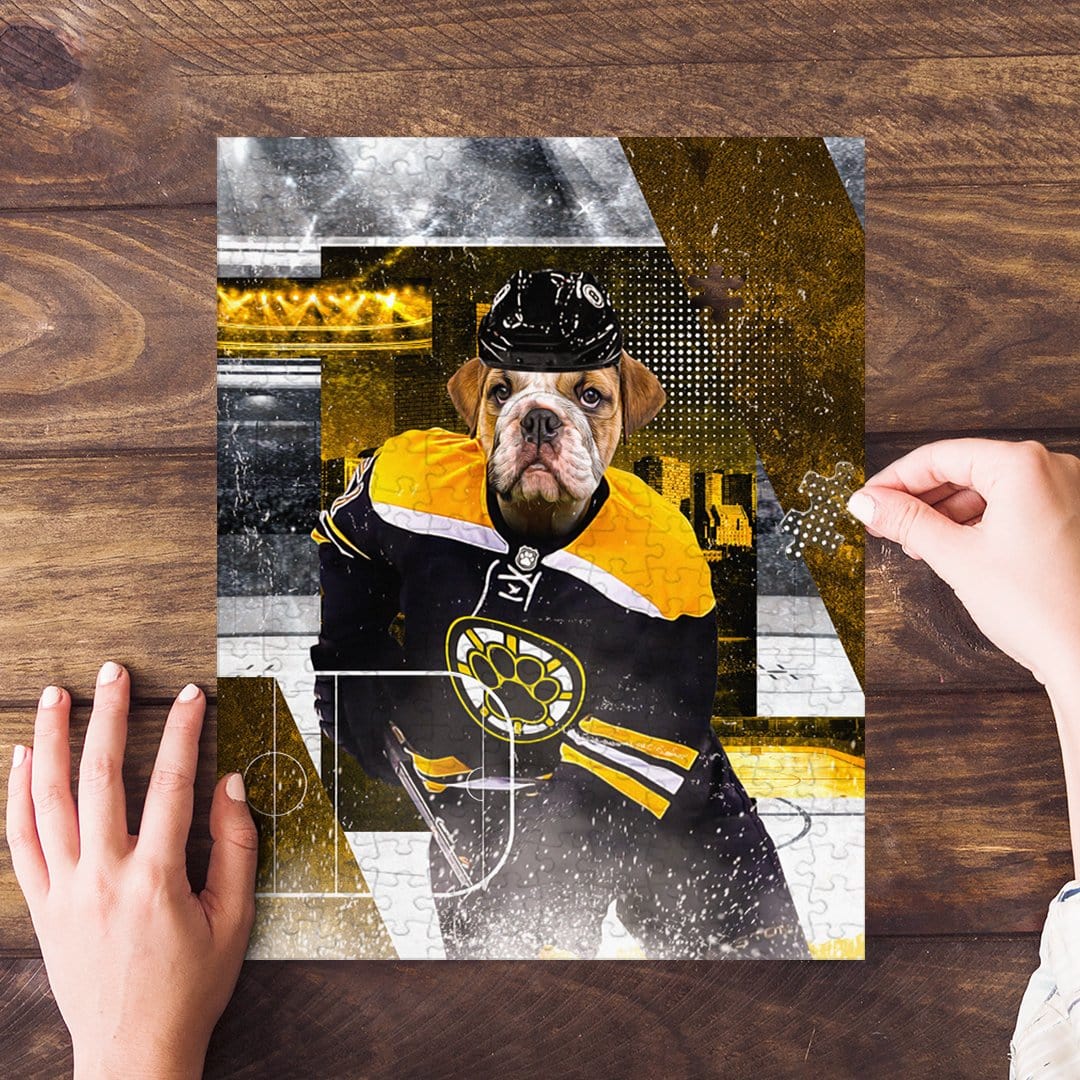 Personalized 'Boston Chewins' pet puzzle featuring a bulldog in a hockey uniform, on a wooden table.