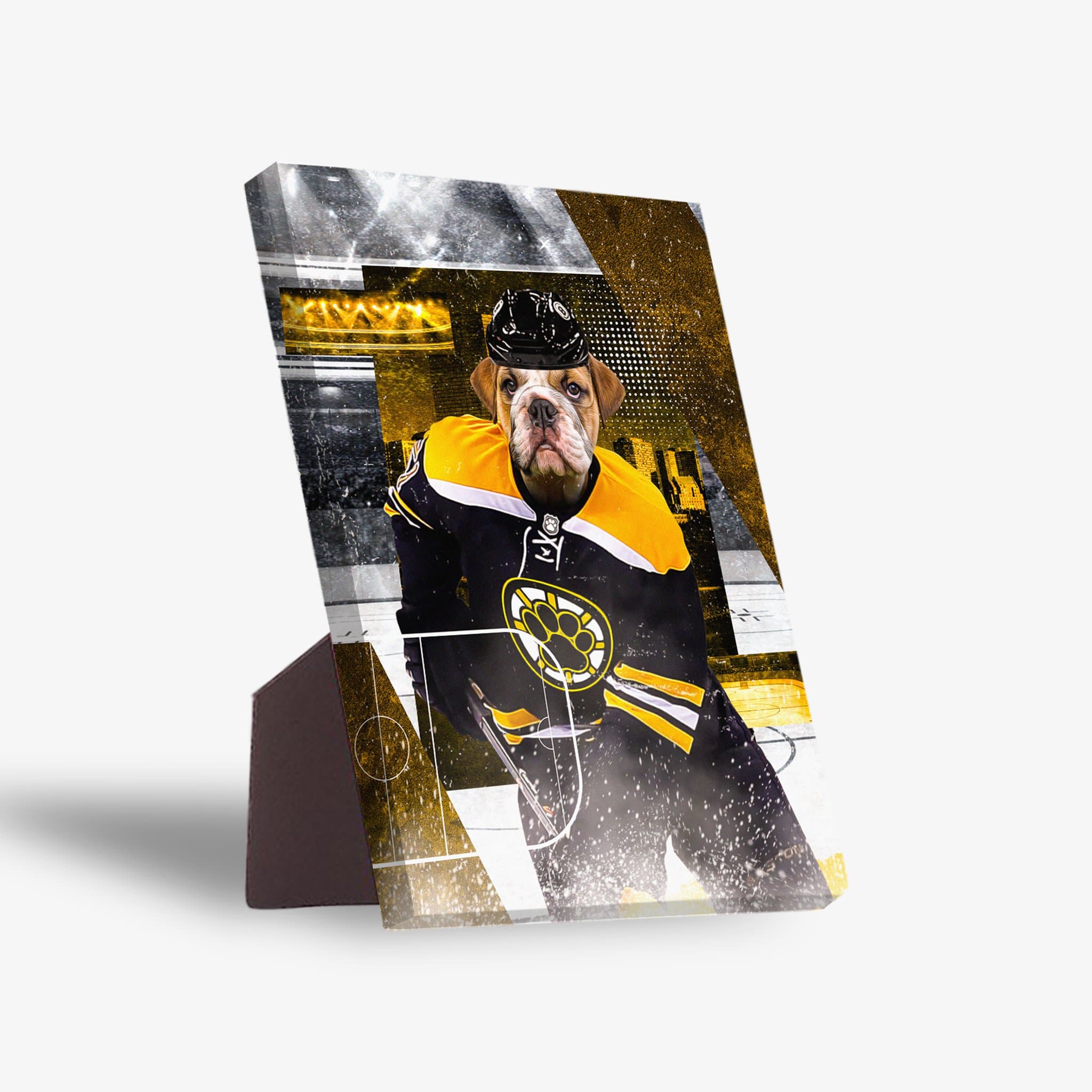 Boston Chewins personalized pet standing canvas featuring a bulldog in a black and yellow hockey jersey.