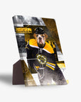 Boston Chewins personalized pet standing canvas featuring a bulldog in a black and yellow hockey jersey.