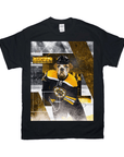 Black Gildan t-shirt featuring a bulldog in a Boston Bruins hockey jersey and helmet, with a gold and white abstract background.