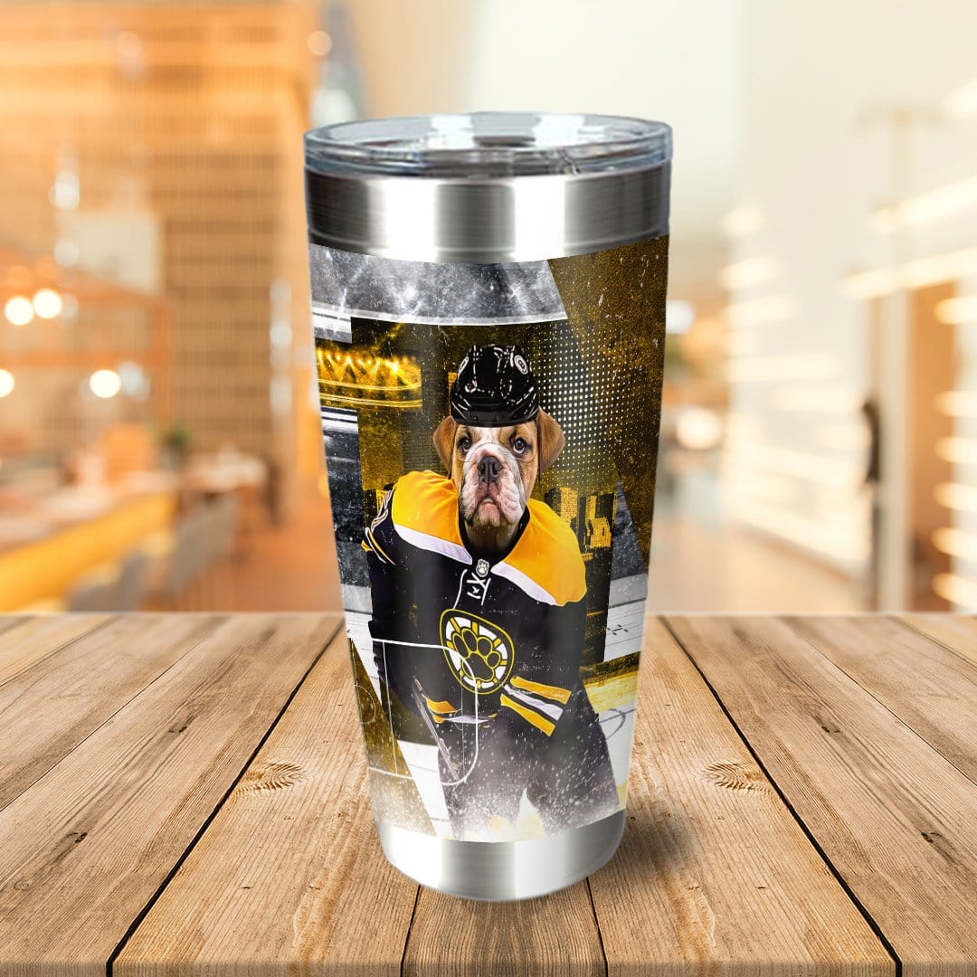 Personalized stainless steel tumbler with a custom bulldog pet portrait in a hockey uniform.