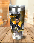 Personalized stainless steel tumbler with a custom bulldog pet portrait in a hockey uniform.