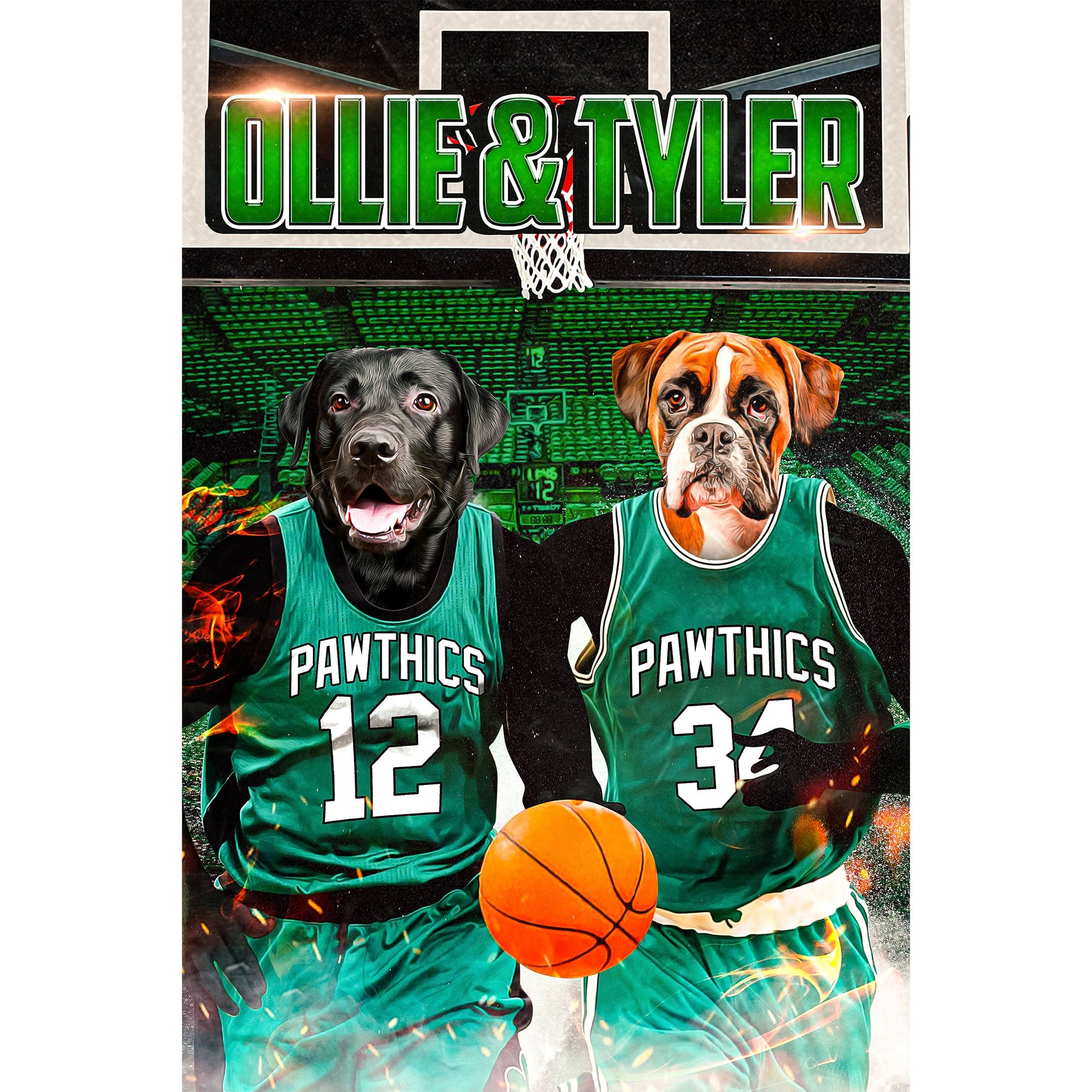 Personalized digital portrait of two dogs, a black lab and a boxer, in green basketball jerseys.