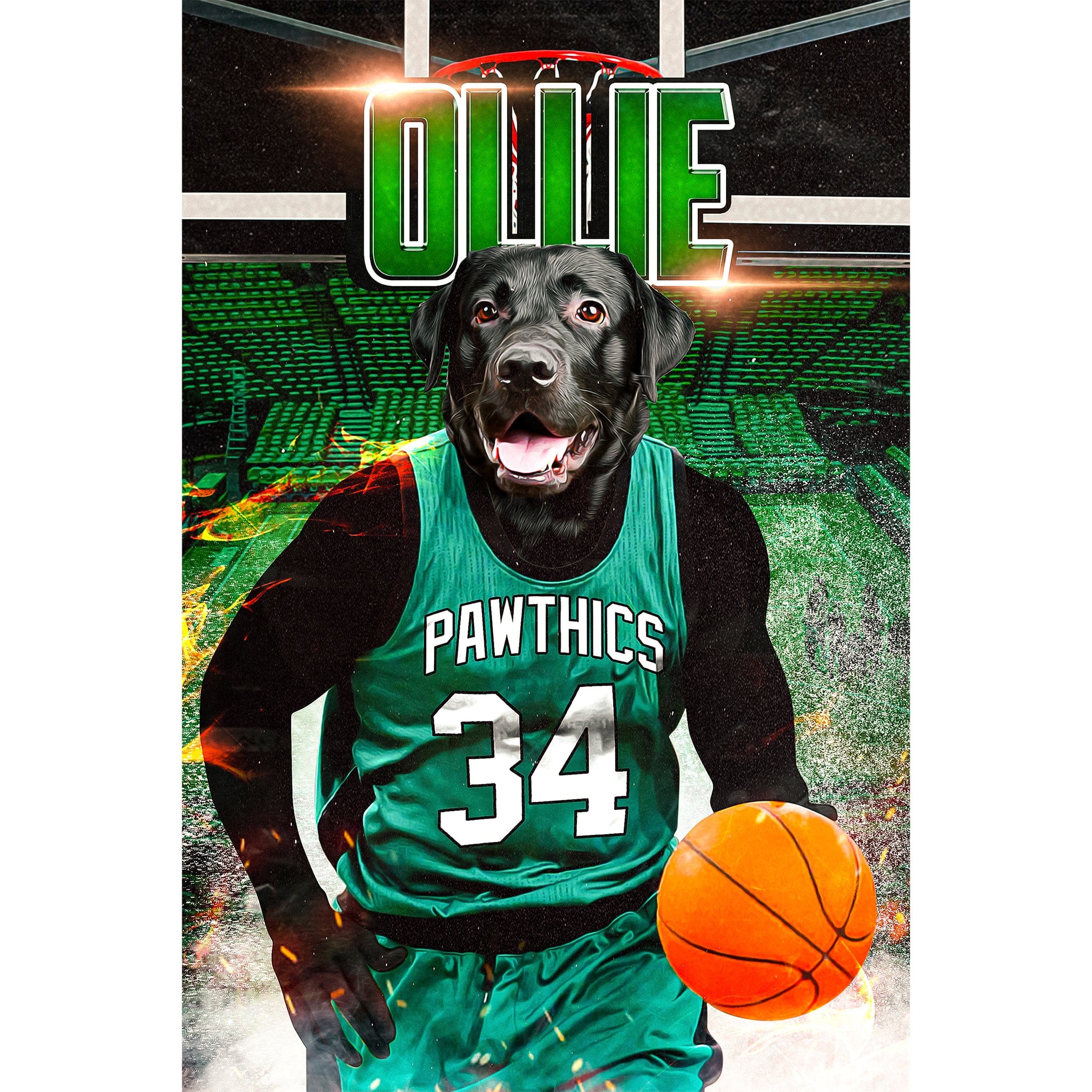 Custom digital portrait of a black Labrador dog in a green basketball jersey, holding a basketball.