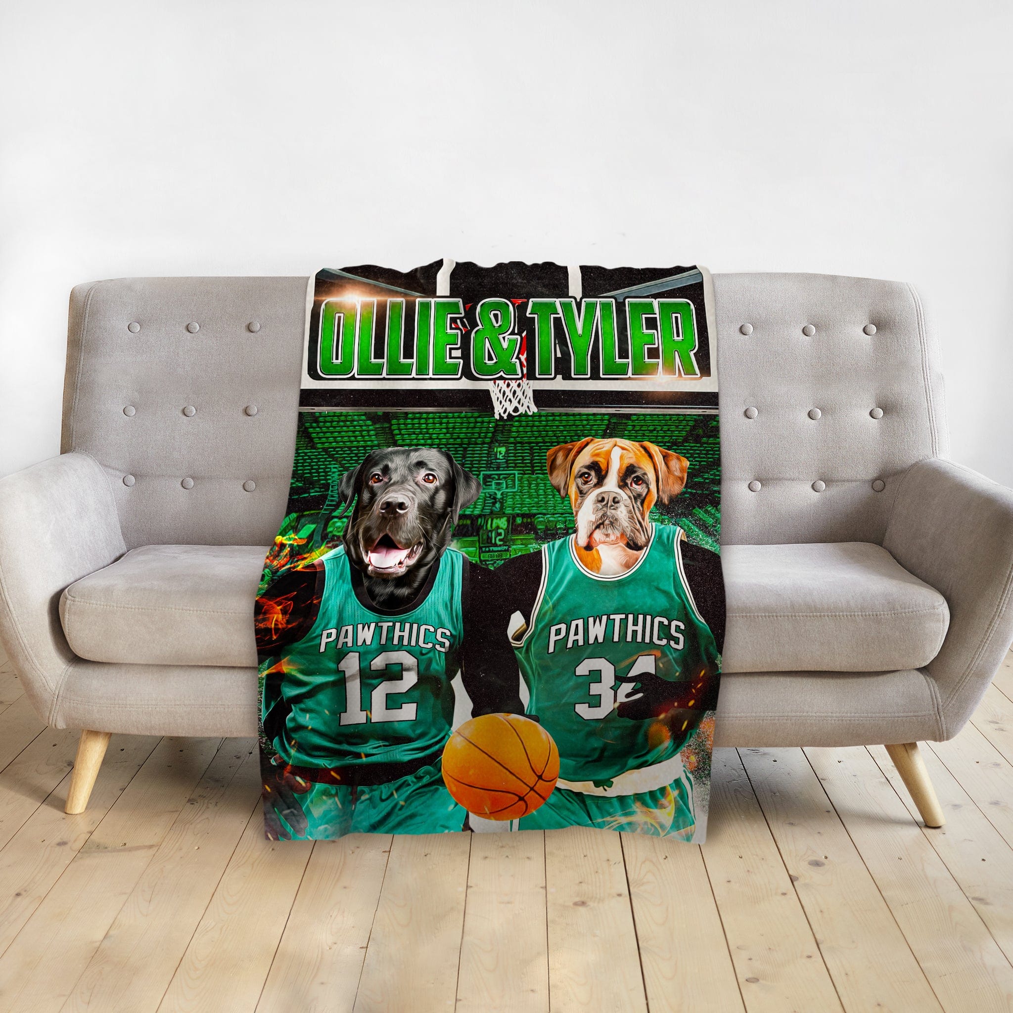 Personalized 2 pet blanket featuring a black lab and boxer in green basketball jerseys.