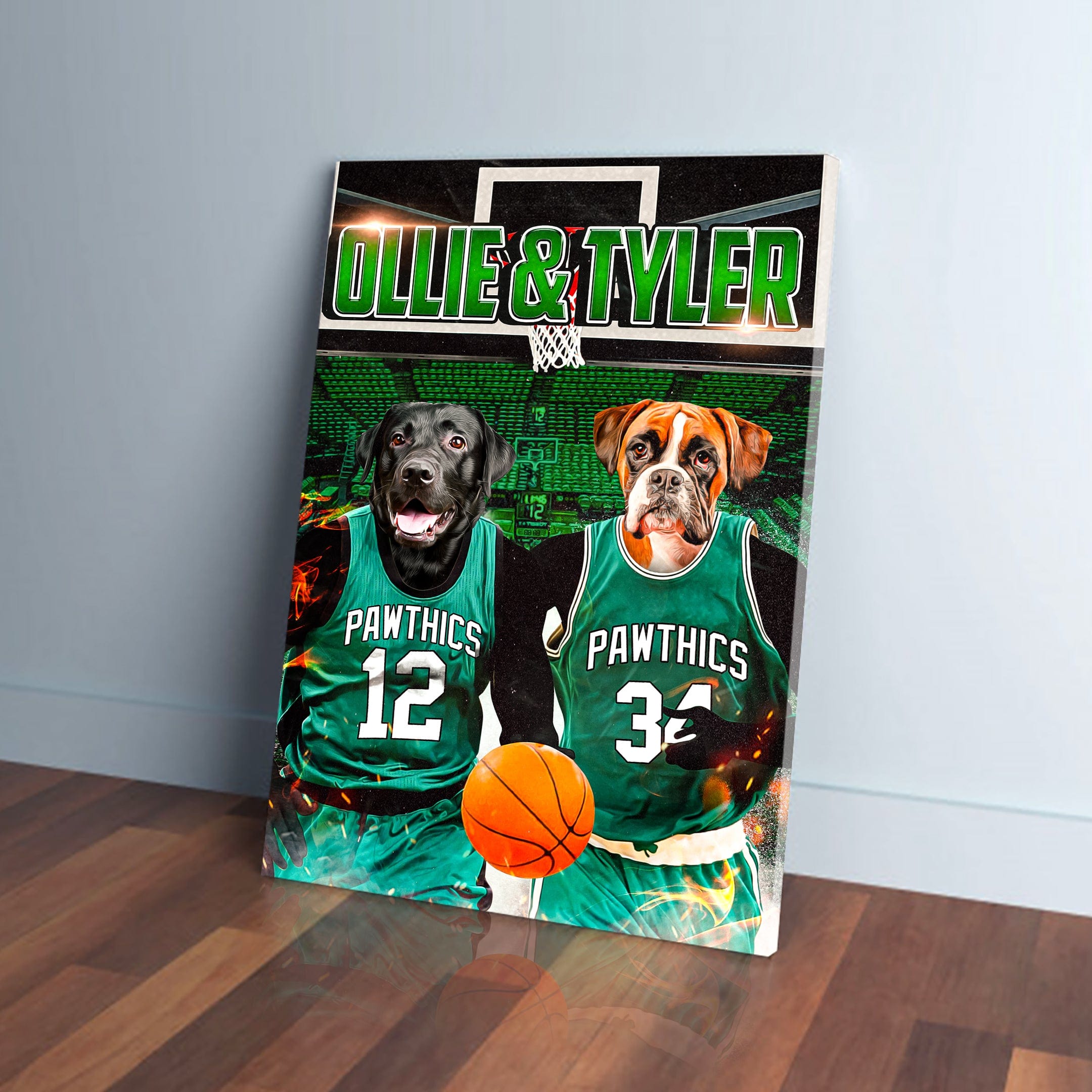 Personalized "Boston Walkies" canvas featuring two pets in green basketball jerseys with names "Ollie & Tyler".