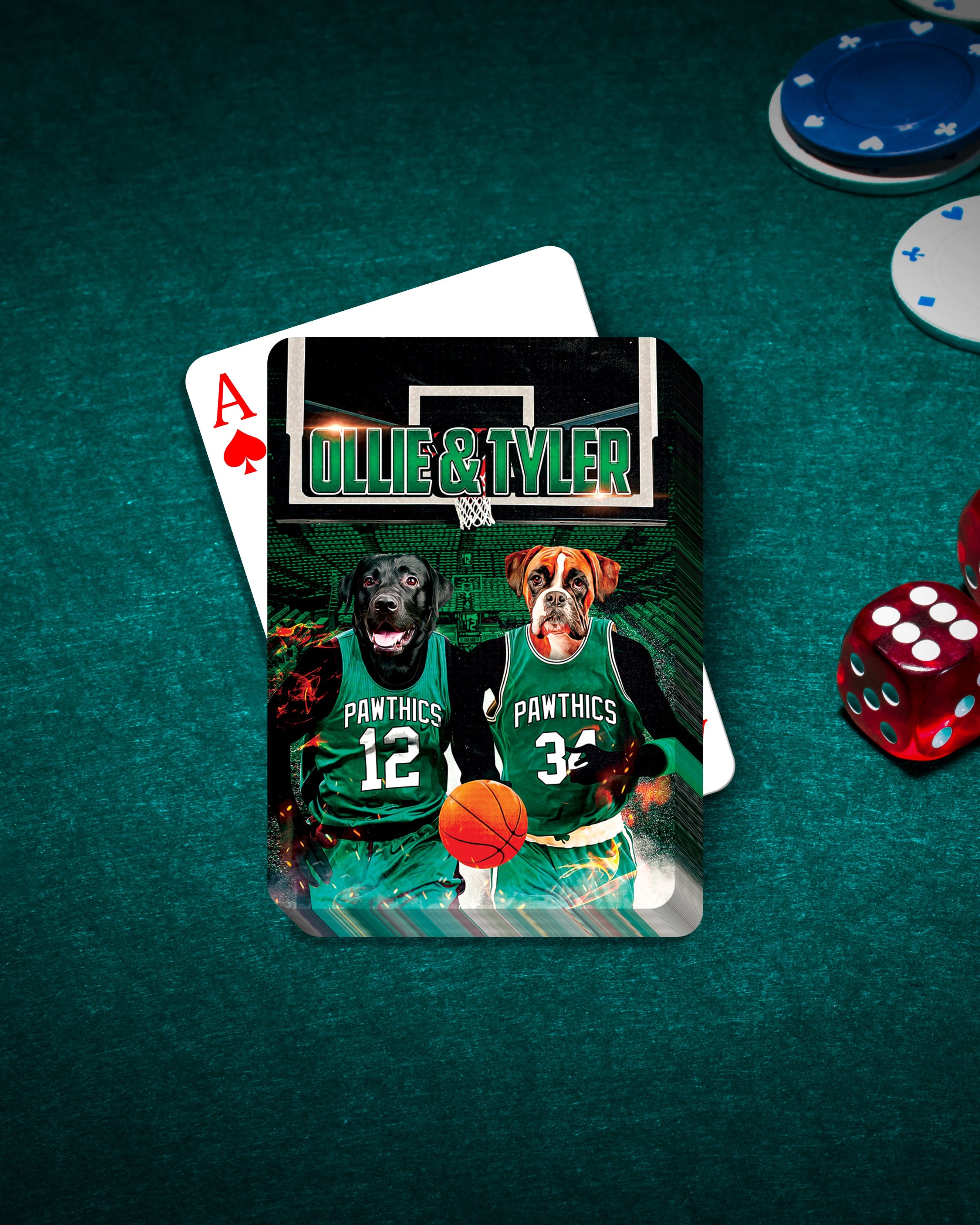 Custom personalized playing cards featuring two dogs in green basketball uniforms.