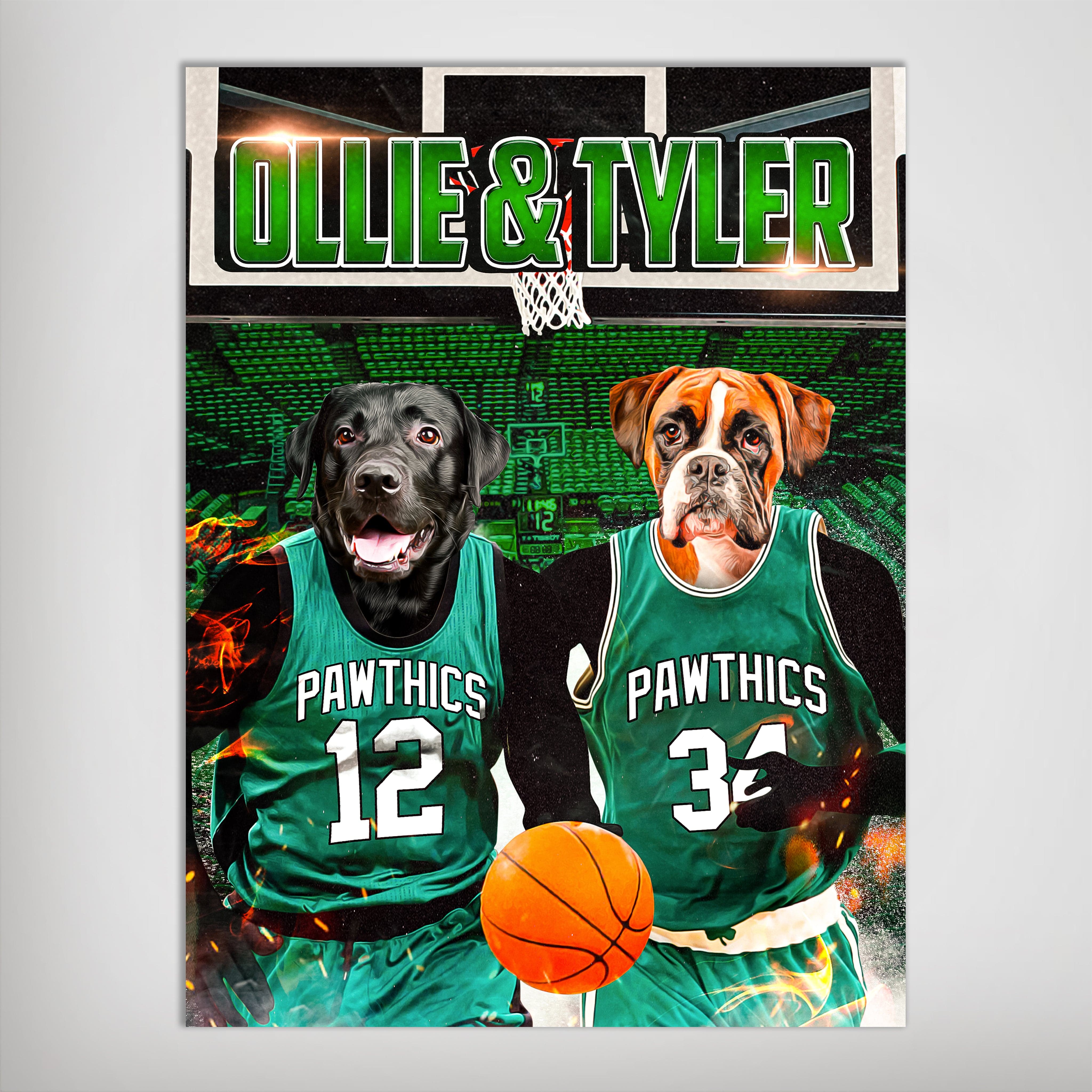 Personalized 'Boston Walkies' poster featuring a black lab and boxer in green basketball jerseys with names "Ollie &amp; Tyler".