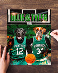 Personalized 2 pet puzzle featuring a black lab and boxer in green basketball jerseys.