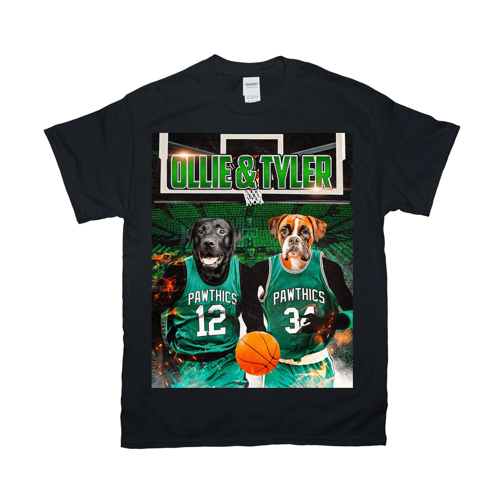 Black Gildan t-shirt with two personalized pet portraits, a black lab and a boxer, in green basketball jerseys.