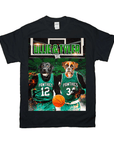 Black Gildan t-shirt with two personalized pet portraits, a black lab and a boxer, in green basketball jerseys.