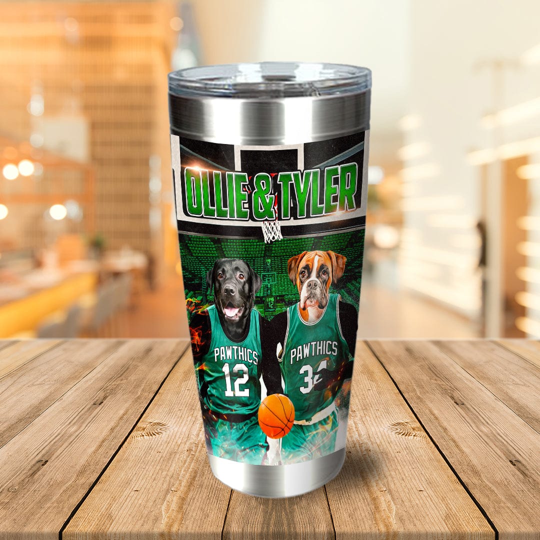 Personalized stainless steel tumbler with two pet portraits in green basketball jerseys, "Ollie & Tyler" text.