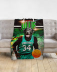 Personalized pet blanket featuring a black lab in a green basketball uniform with a ball, on a court background.