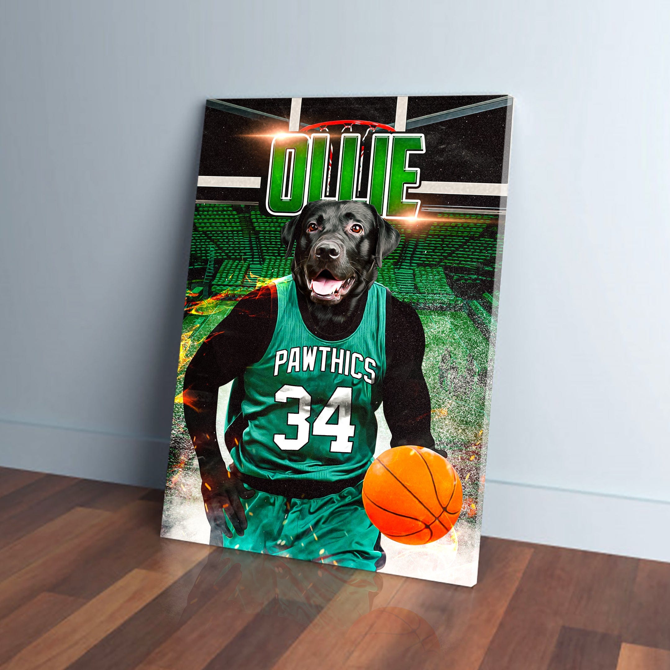 Personalized pet canvas featuring a black dog in a green basketball jersey with "PAWTHICS 34" and "OLLIE" text.