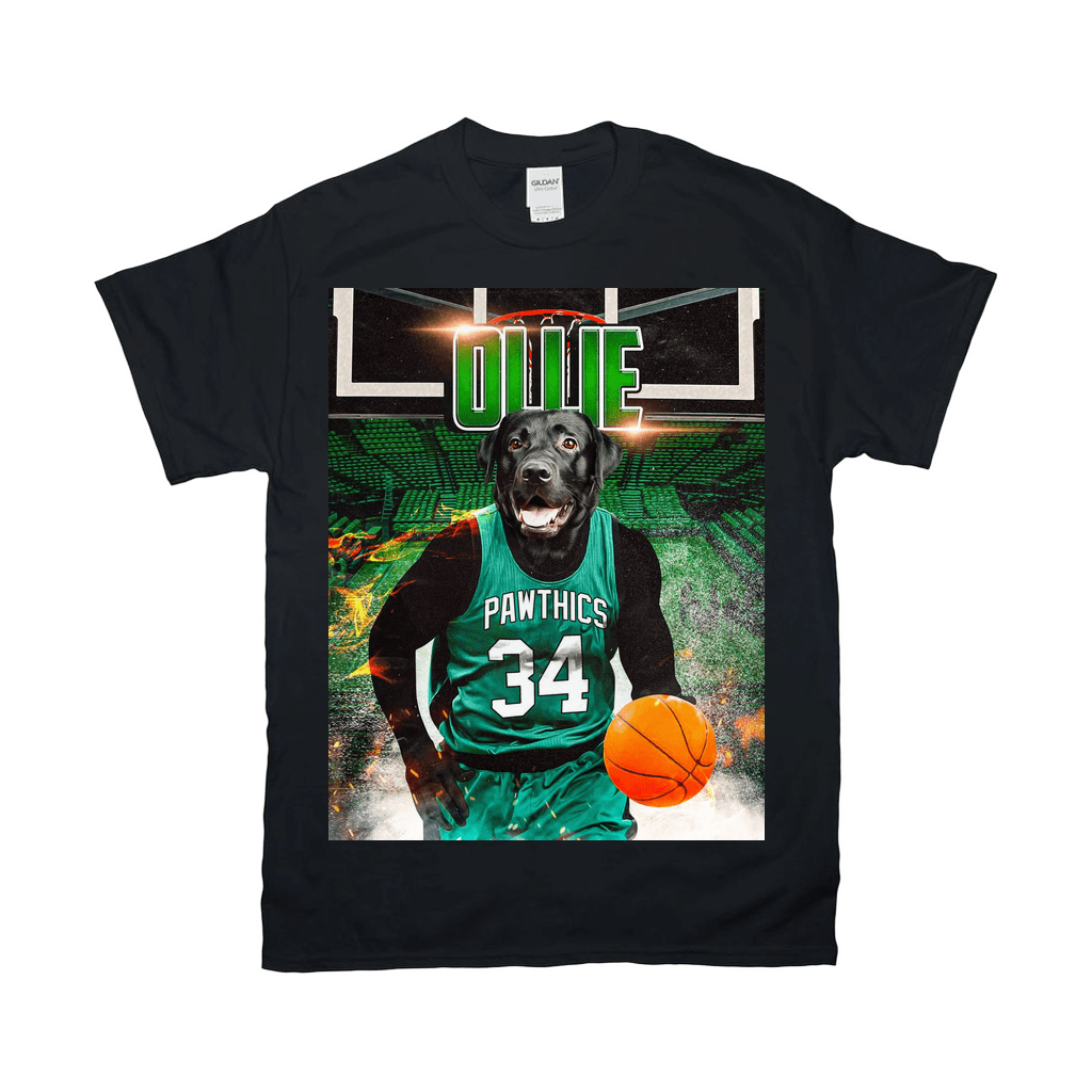 Black Gildan t-shirt with a personalized graphic of a black lab in a green "Pawthics 34" basketball jersey.