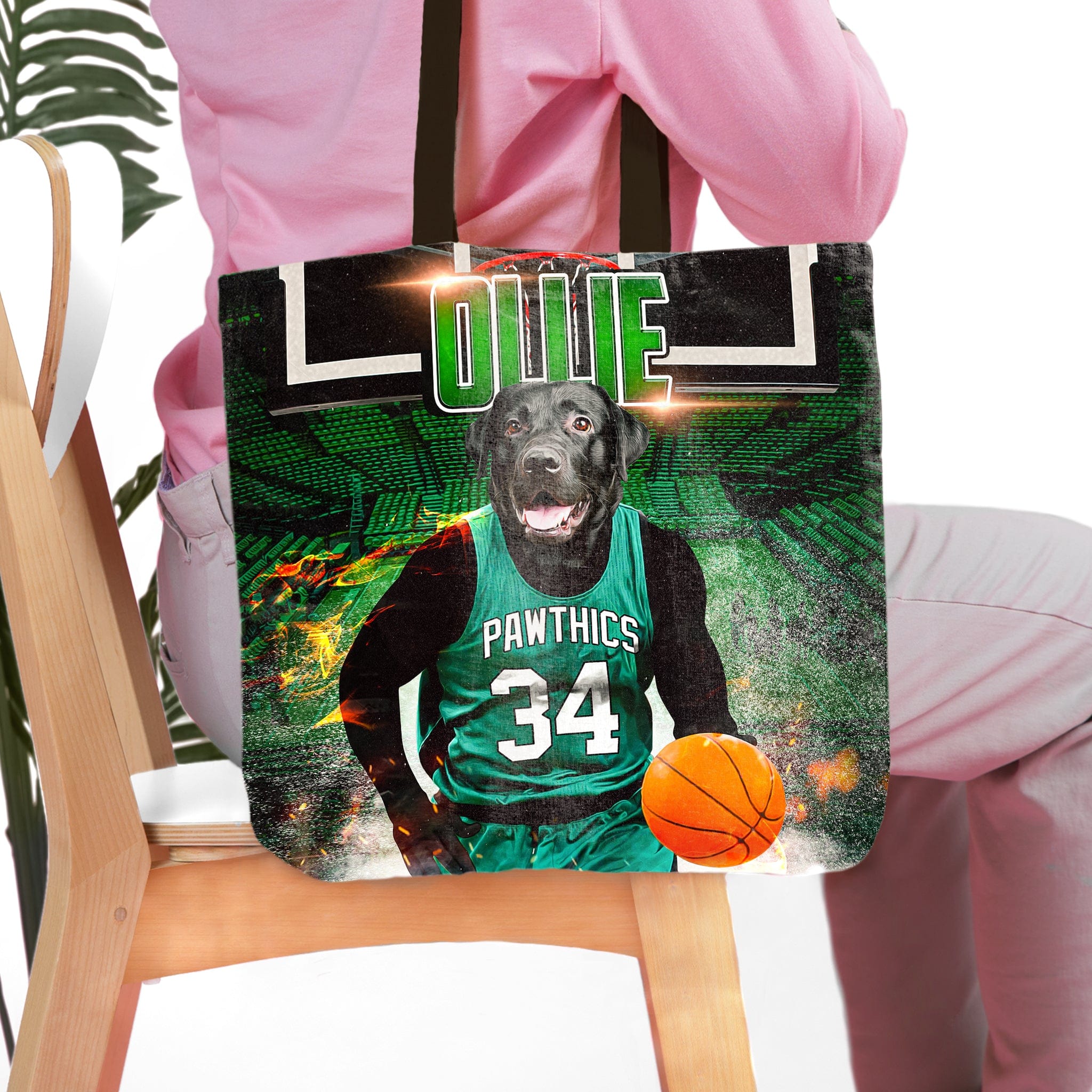 Personalized tote bag with a black lab pet portrait in a green basketball jersey holding a basketball.