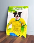 Personalized pet canvas featuring a Border Collie in a yellow Brazil soccer jersey, with "JONAS" at the top.