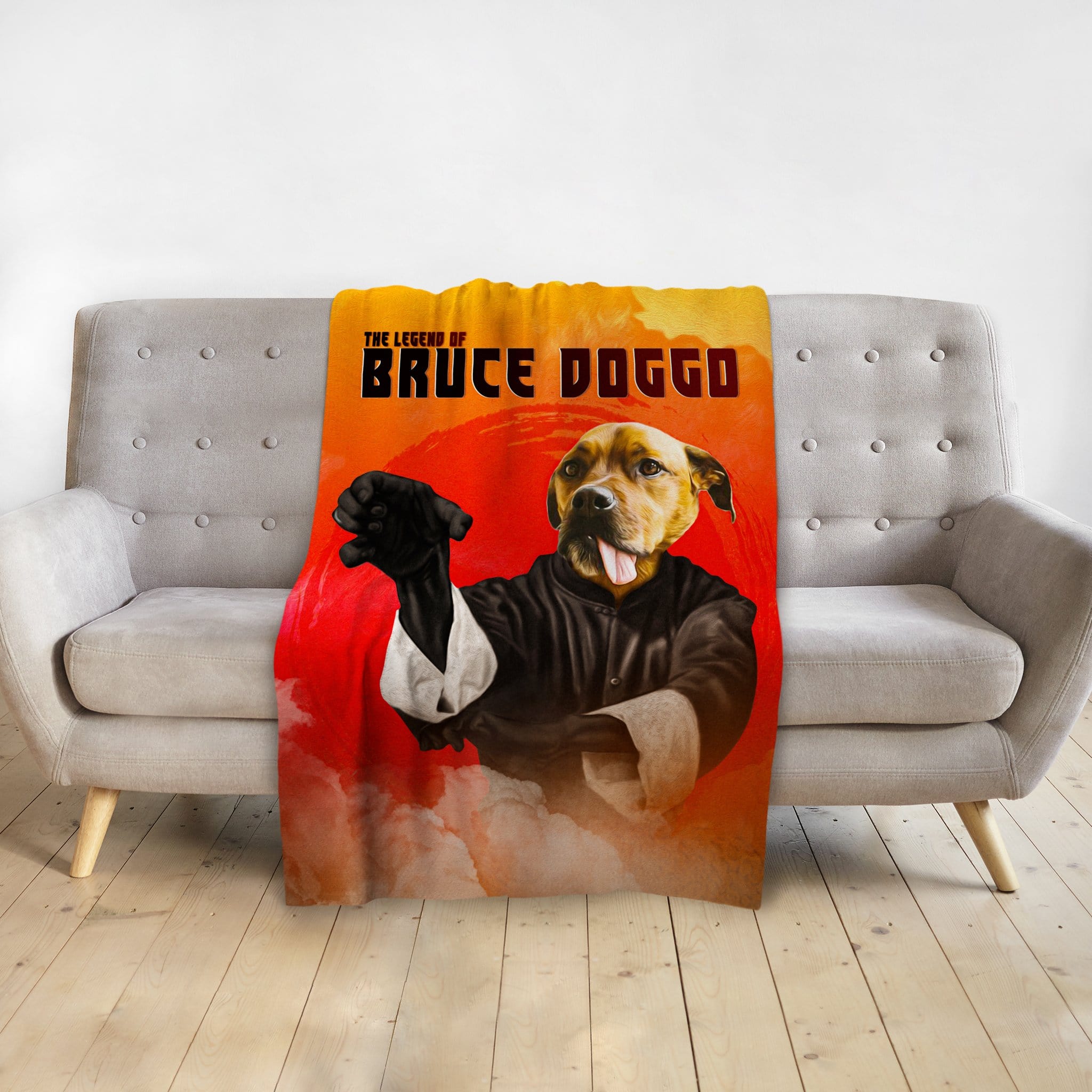 Personalized pet blanket with a Doggovinci portrait of a dog in a martial arts pose.