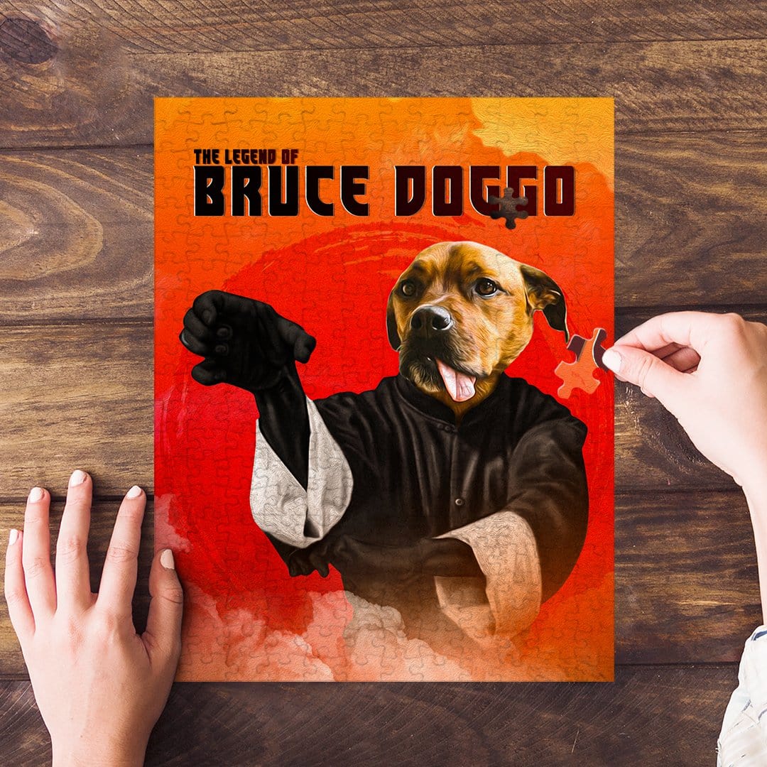 Personalized pet puzzle featuring a dog in a martial arts costume, "The Legend of Bruce Doggo" title.