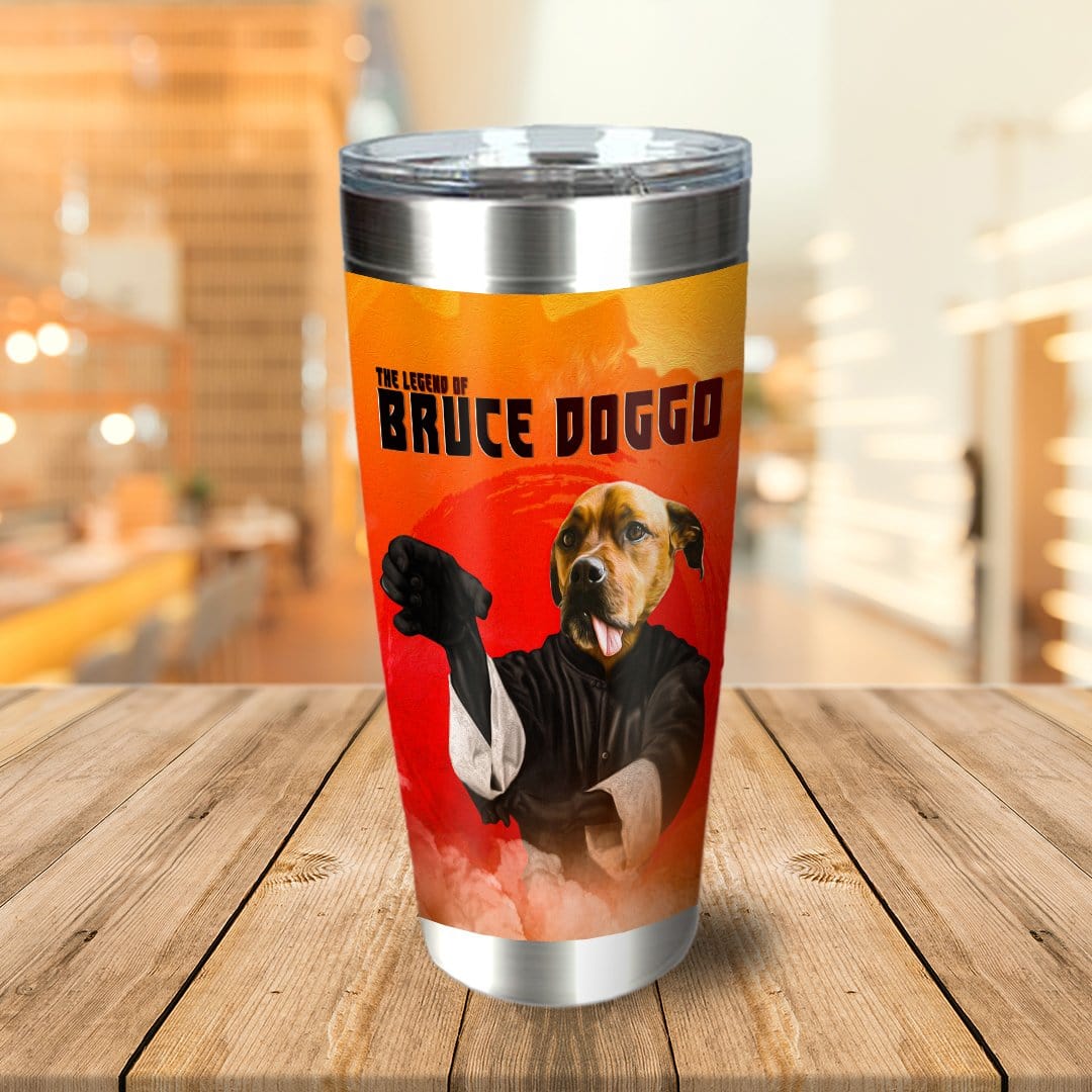 Personalized stainless steel tumbler with a custom cartoon dog portrait in a martial arts costume.