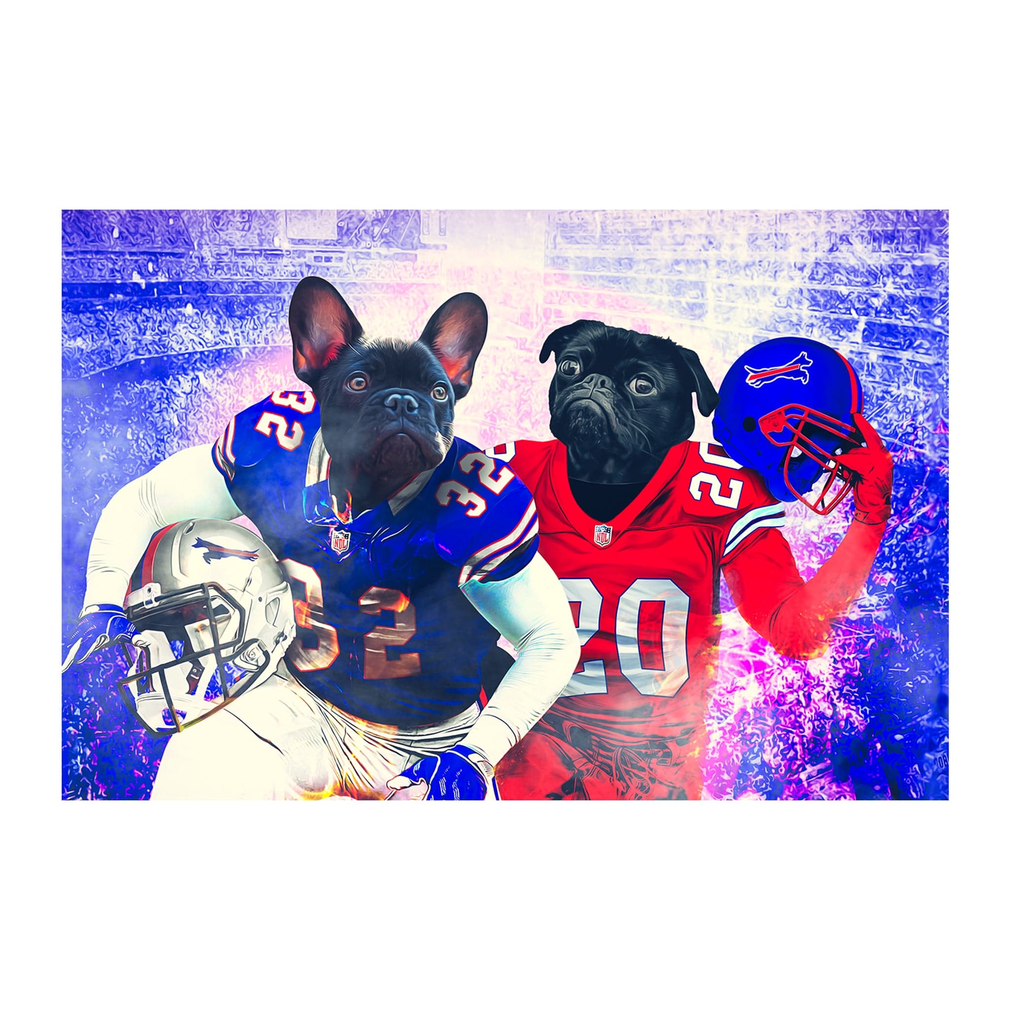 Custom digital portrait of two pets as Buffalo Bills football players.