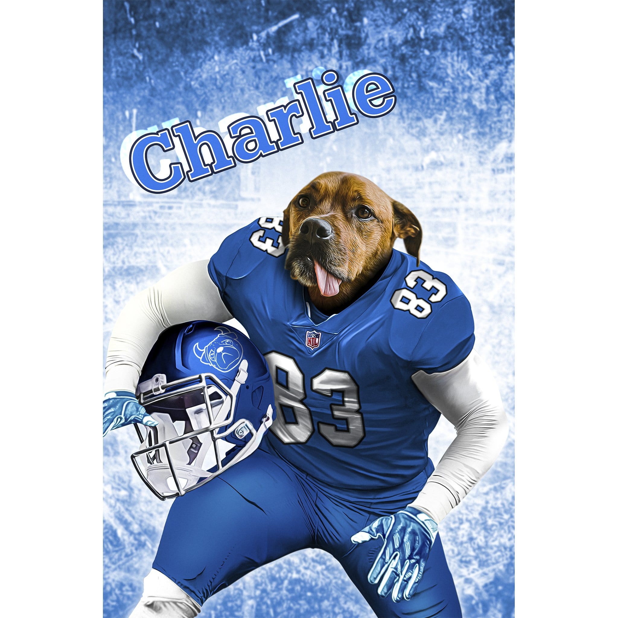 Personalized digital portrait of a dog in a blue football uniform, holding a helmet.