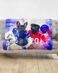 Personalized pet blanket with two dogs in Buffalo football uniforms, blue and red, on a grey couch.