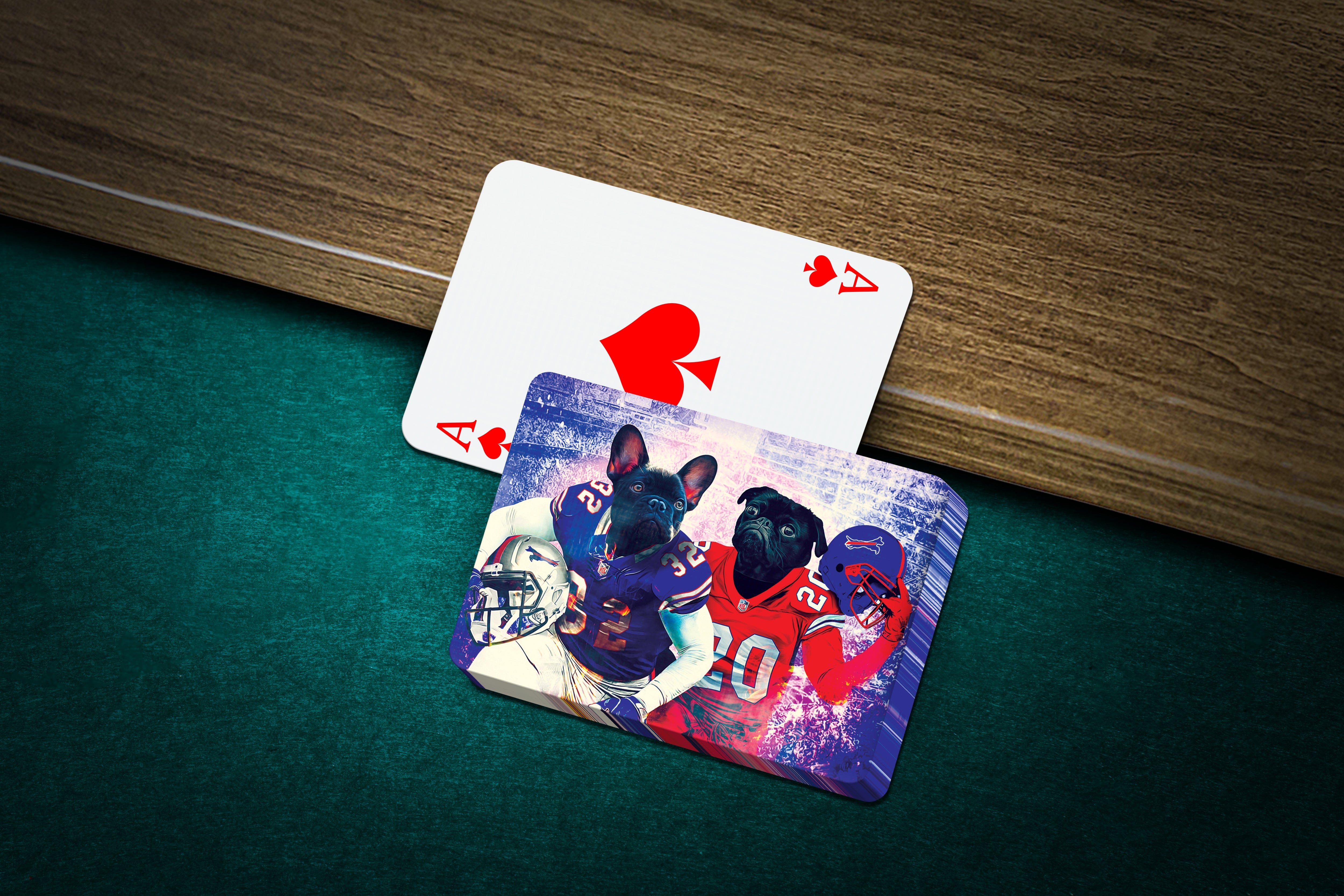 Custom playing cards featuring two personalized pet portraits in Buffalo Bills football jerseys.