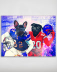 Personalized "Buffalo Doggos" poster featuring two pets as football players in blue and red jerseys.