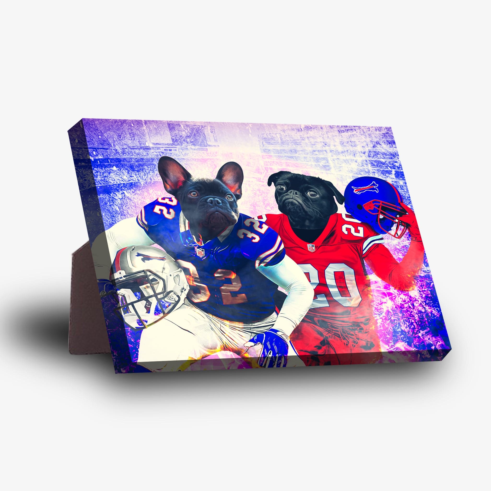 Personalized 'Buffalo Doggos' standing canvas featuring two pets as football players in blue and red jerseys.